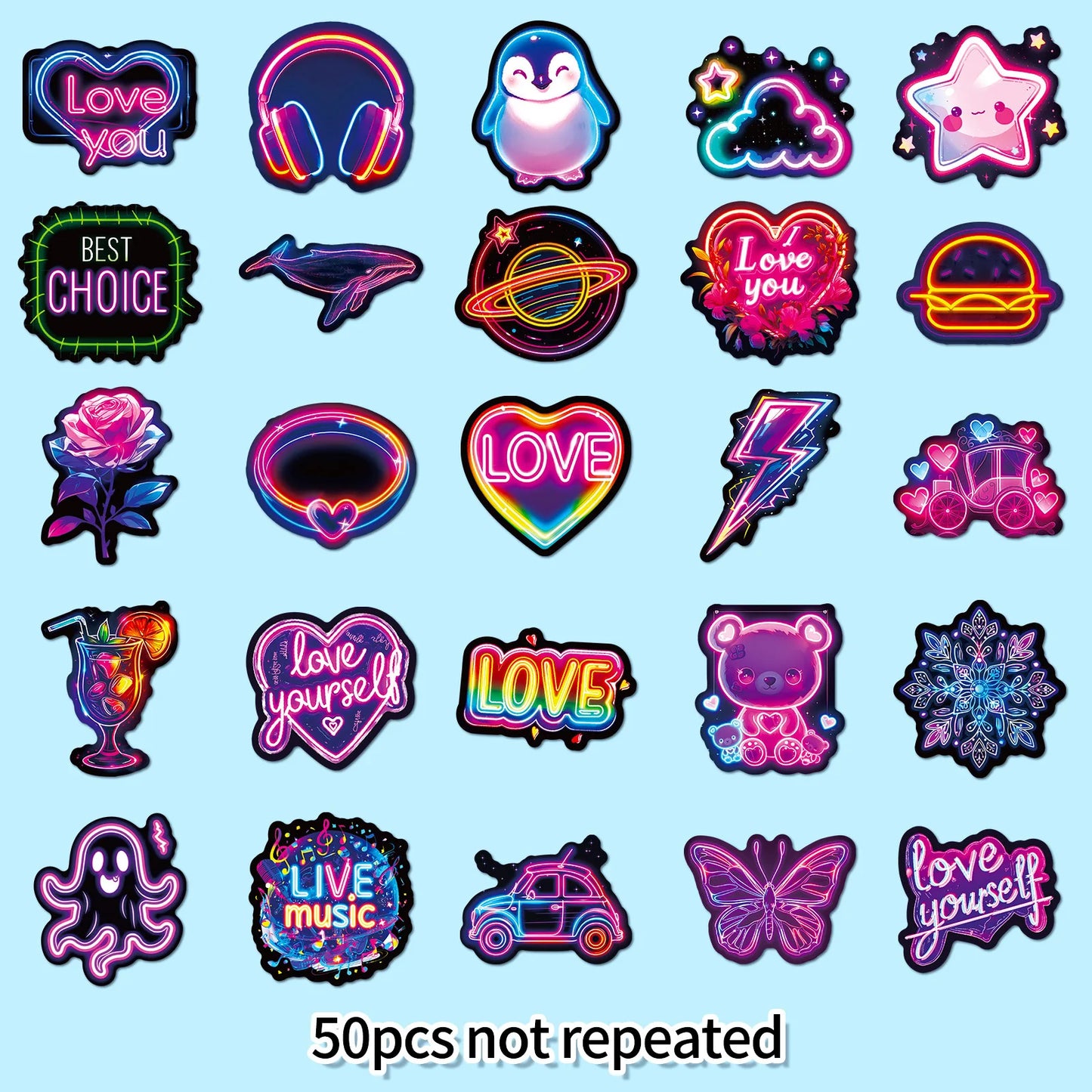 50-Pack Waterproof Sticker Sheets Vibrant Neon Glow Designs Luggage