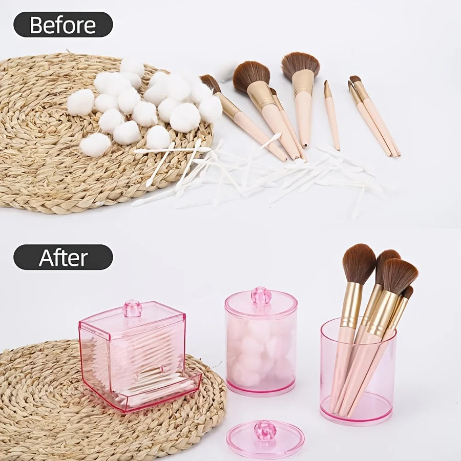 3pc Qtip Dispenser & Apothecary Jar Organizer Set – Bathroom Storage for Cotton Swabs, Balls & Round Pads (10/7 oz)