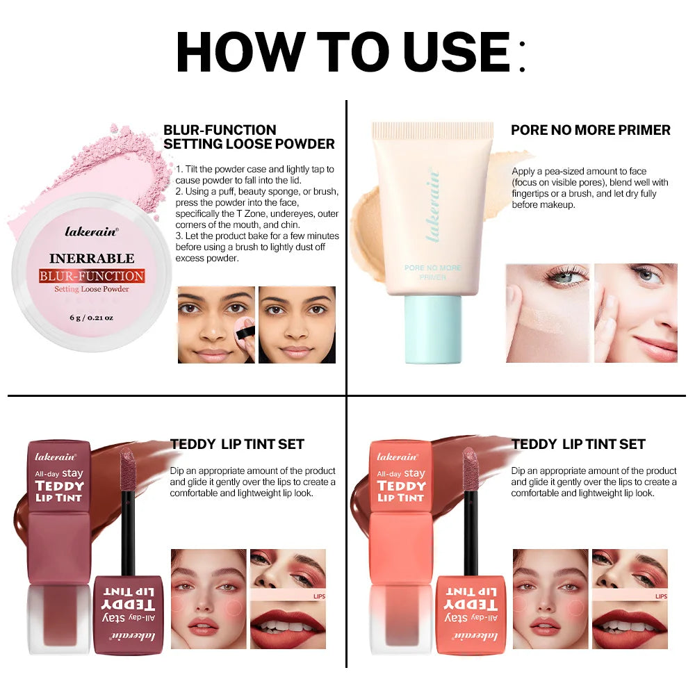 Lakerain 4-Piece Makeup Set – Primer, Lip Tint & Setting Powder