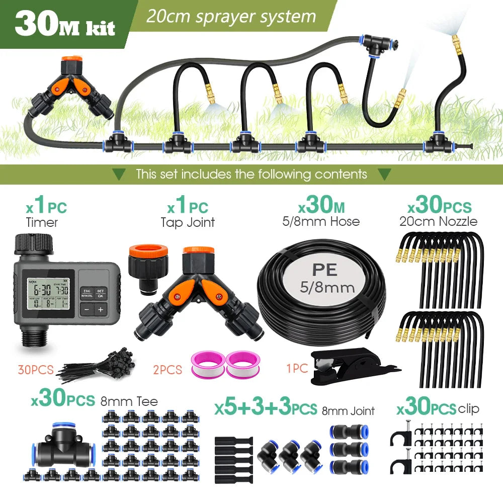 360° Free-bend Misting Nozzle Garden Programmable Timer Misting Cooling System Adjustable Atomizer Sprayer Outdoor Watering Kits Peaceful Pleasures Health and Wellness 30M kit-Timer