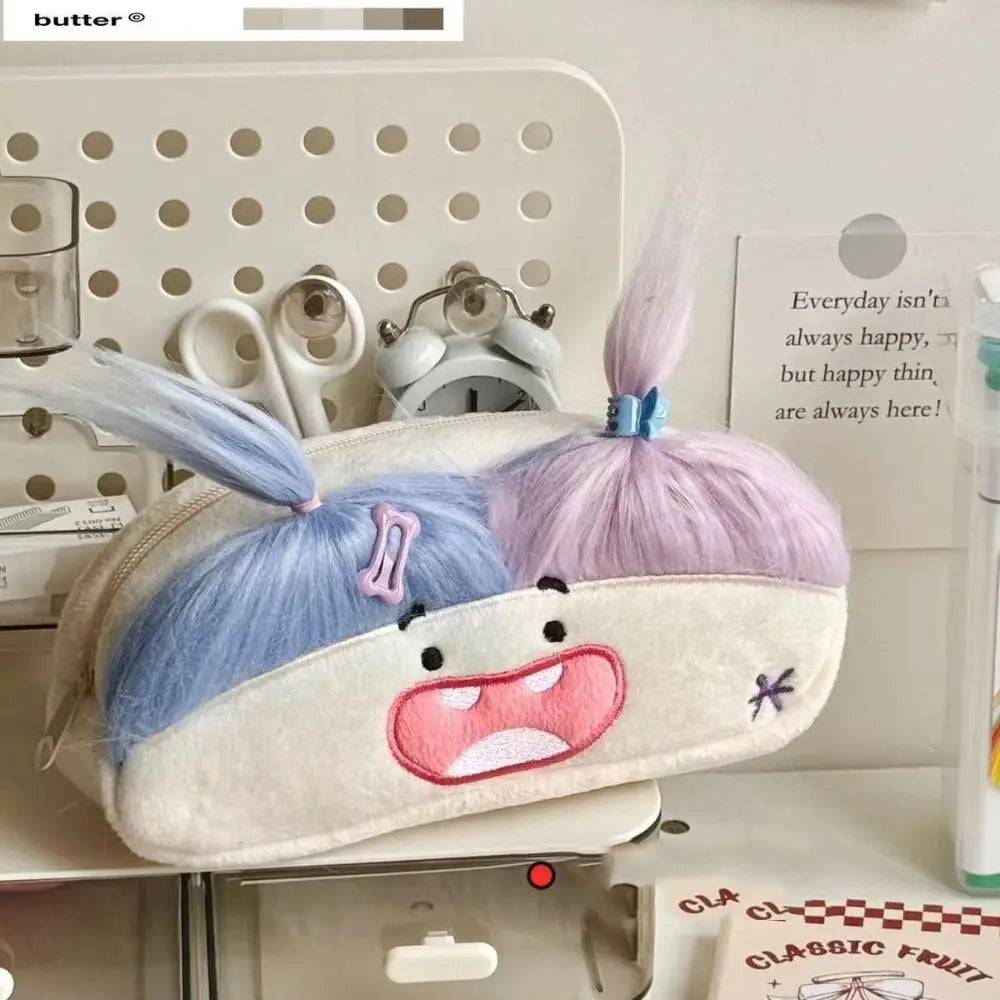 DIY Fluffy Hair Afro-Hair Doll Pen Bag Large Capacity Kawaii Pencil Case Holder Funny Zipper Soft Pen Bag Gift Peaceful Pleasures Health and Wellness style D