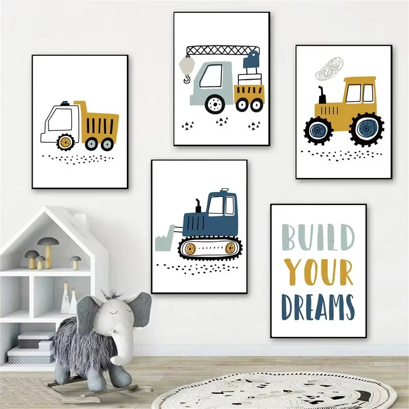 Cartoon Construction Vehicles Canvas Wall Art | Boys Nursery
