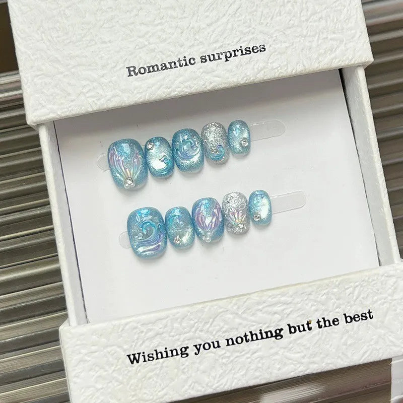 10pcs Handmade Press On Nails Cute Starfish Cat's Eye Aurora Fake Nail Tips Wearable Fantasy Mermaid Short Square False Nails Peaceful Pleasures Health and Wellness