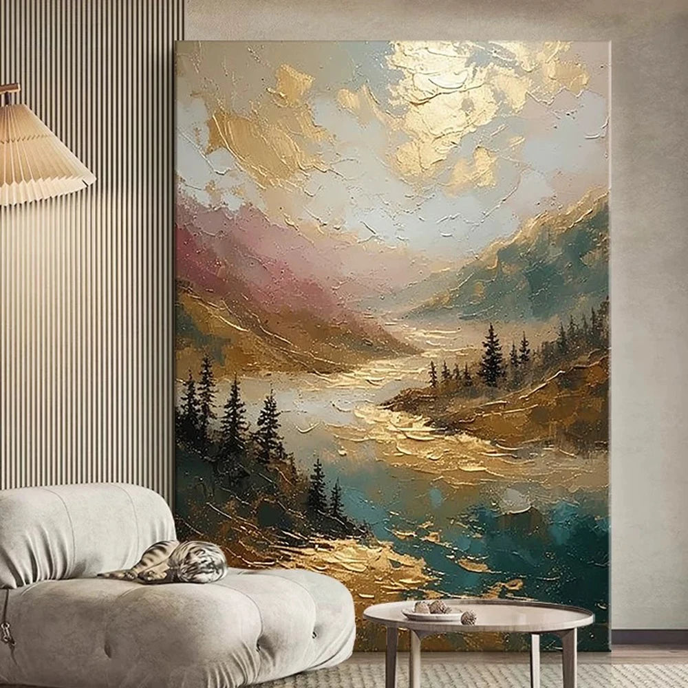 Modern Wall Art Home Decoration Gold Foil Scenery Mural Pure Hand Drawn Oil Painting Living Room Bedroom Porch Hanging Poster Peaceful Pleasures Health and Wellness