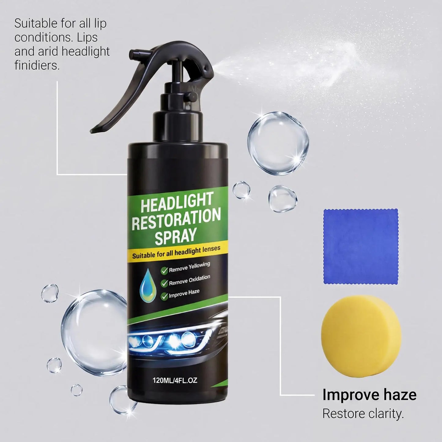 Car Headlight Restoration Spray Kit – Removes Oxidation & Haze