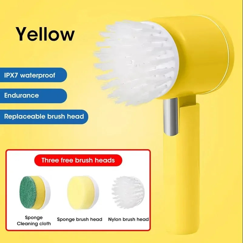 5-in-1 Electric Spin Scrubber Brush with 5 Heads for Bathroom Sink Bathtub Tile Shower Power Cleaning Peaceful Pleasures Health and Wellness E300 Yellow