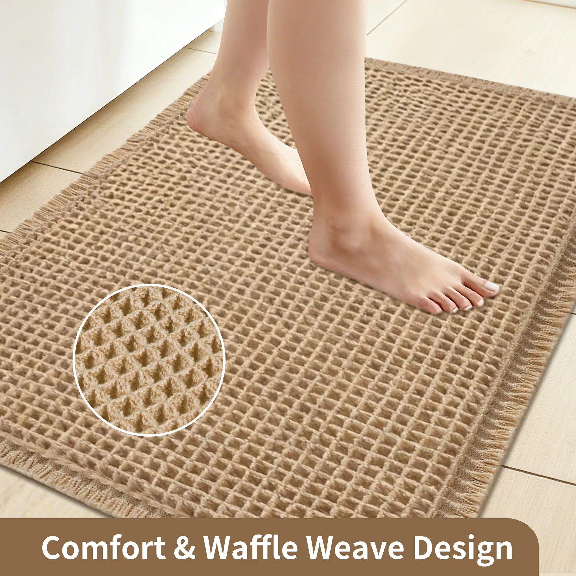 Waffle Bathroom Rugs Boho Bath Rugs Non Slip Washable Absorbent Bath Mats Ultra Soft Shower Mat for Bathroom Floor Tub Carpet Peaceful Pleasures Health and Wellness Khaki 43x61CM and 46x77CM