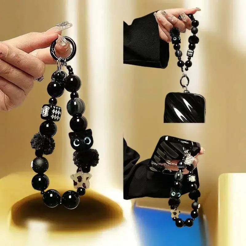 Black Plush Cat Beaded Wrist Strap Y2K Phone Lanyard & Key Charm