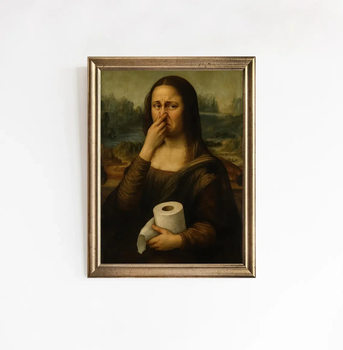 Parody Mona Lisa Bathroom Wall Art Decor Covering her Nose Vintage Bad Smell Poster Print Toilet Humor Funny Leonardo Davinci In Peaceful Pleasures Health and Wellness WS1117-4 50x70cm Unframed