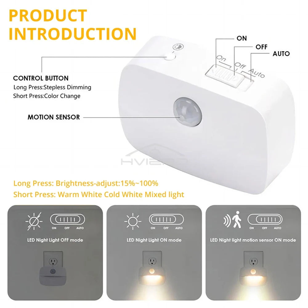 PIR Motion Sensor LED Night Light – 3 Colors, EU & US Plug