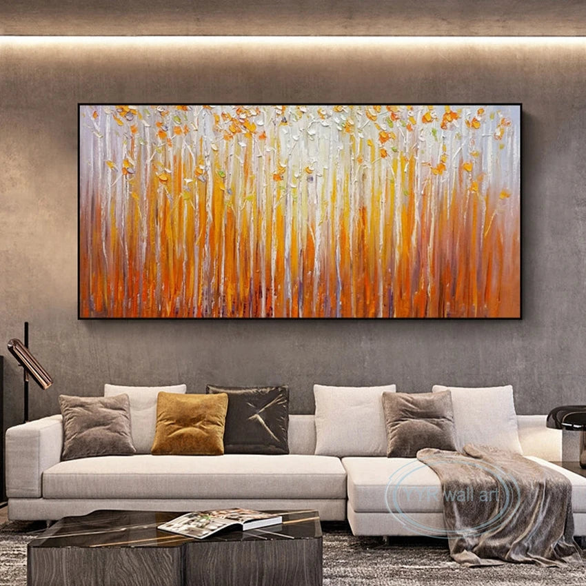 Hand Painted Orange Fortune Trees Canvas Oil Painting Abstract Art Decor Poster Living Room Sofa Salon Bedroom Restaurant Mural Peaceful Pleasures Health and Wellness