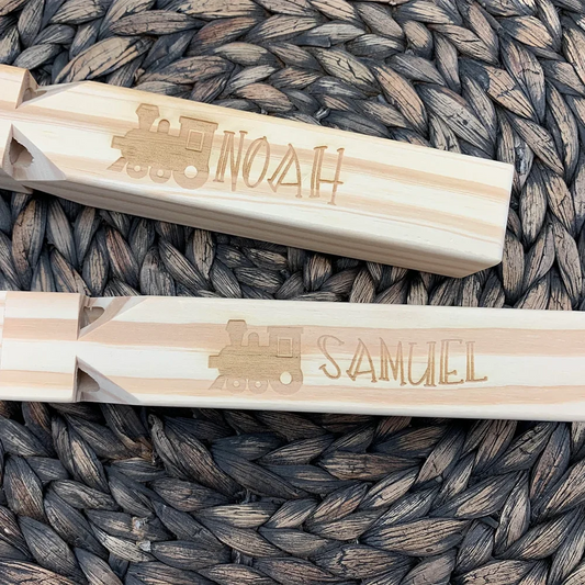Personalized Engraved Wooden Train Whistle Toy Set – 5 Pack Wooden Toy Whistle Set Peaceful Pleasures Health and Wellness