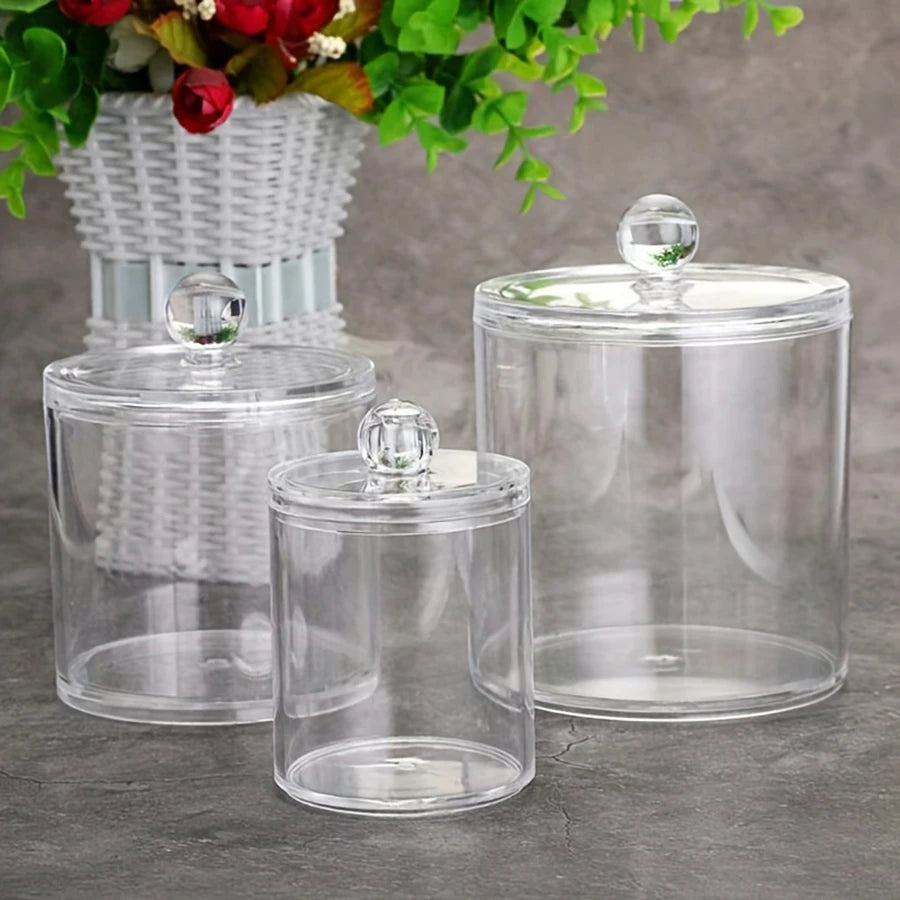 3 Pcs Acrylic Apothecary Jars with lid Clear Qtip Holder Dispenser Storage Box Bathroom Organizer Canisters for Cotton Swab Peaceful Pleasures Health and Wellness 3pcs