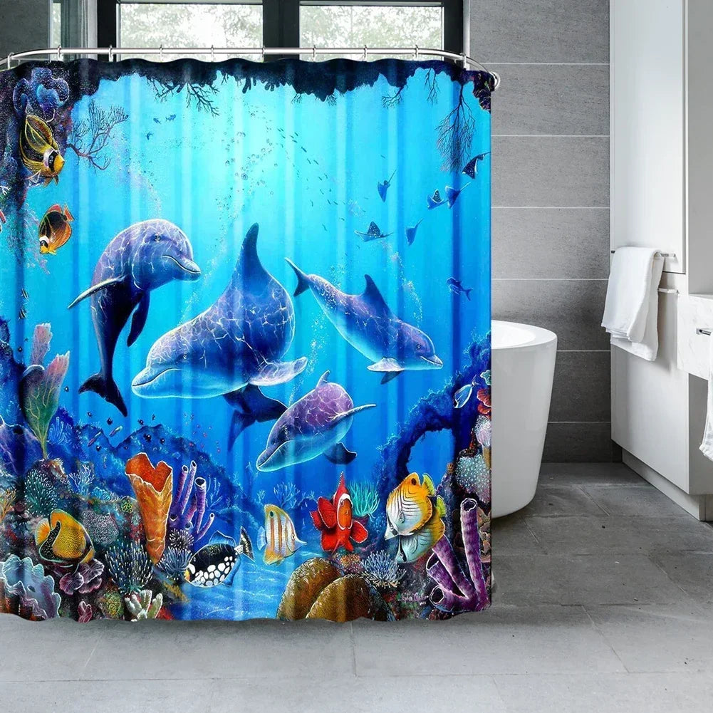 Ocean Underwater World Shower Curtains Set Dolphin Animal Cheerful Marine Life Scenery Polyester Fabric For Kids Bathroom Decor Peaceful Pleasures Health and Wellness E W180xH200cm