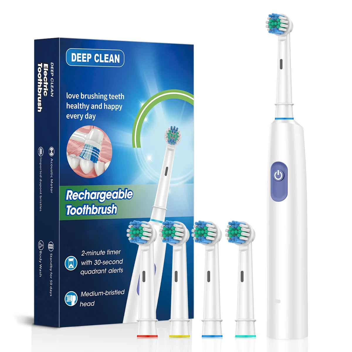 HOMEFISH Bestselling 5-Speed Rotating Electric Toothbrush 360° Rotating Soft Bristle Head Waterproof Sonic Rechargeable Peaceful Pleasures Health and Wellness White 4 Heads