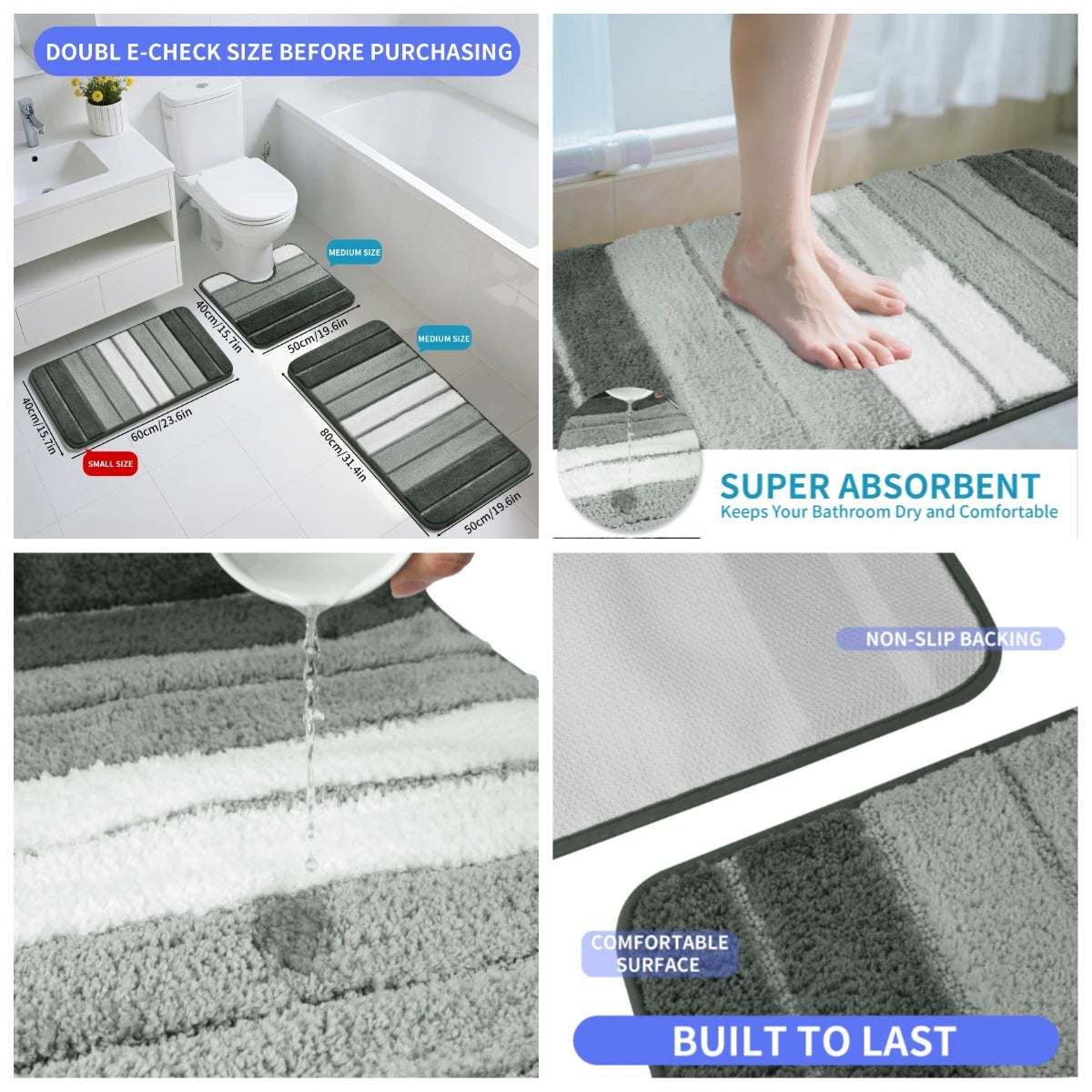 Striped Microfiber Bath Mat 50×80CM & 40×50CM Absorbent Carpet Set Non-Slip Washable Toilet Rugs for Shower Floor Bathroom Mats Peaceful Pleasures Health and Wellness