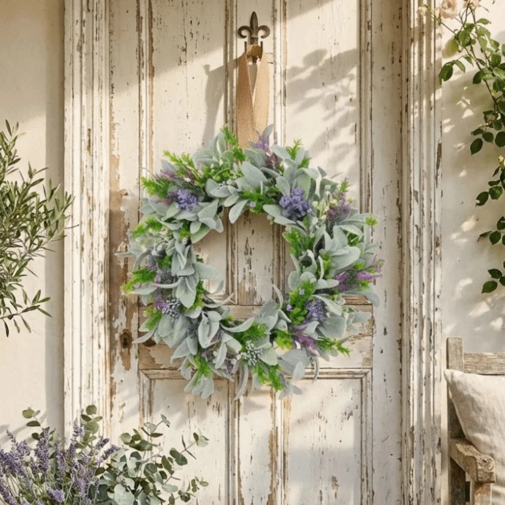 Flocked Lambs Ear Lavender Wreath | Artificial Spring Door Wreath
