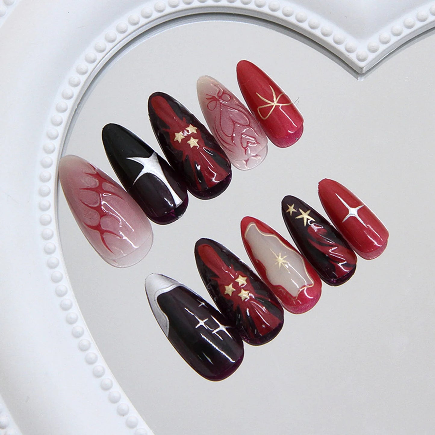 3D Star French Press On Nails – Deep Red Y2K Almond 24pc Set