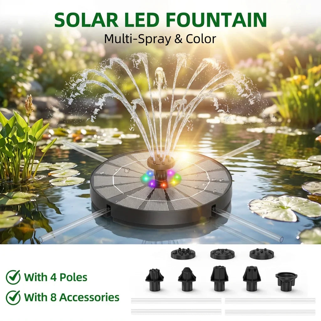 3.5W LED Solar Bird Bath Fountain Pump – 8 Nozzles & Battery