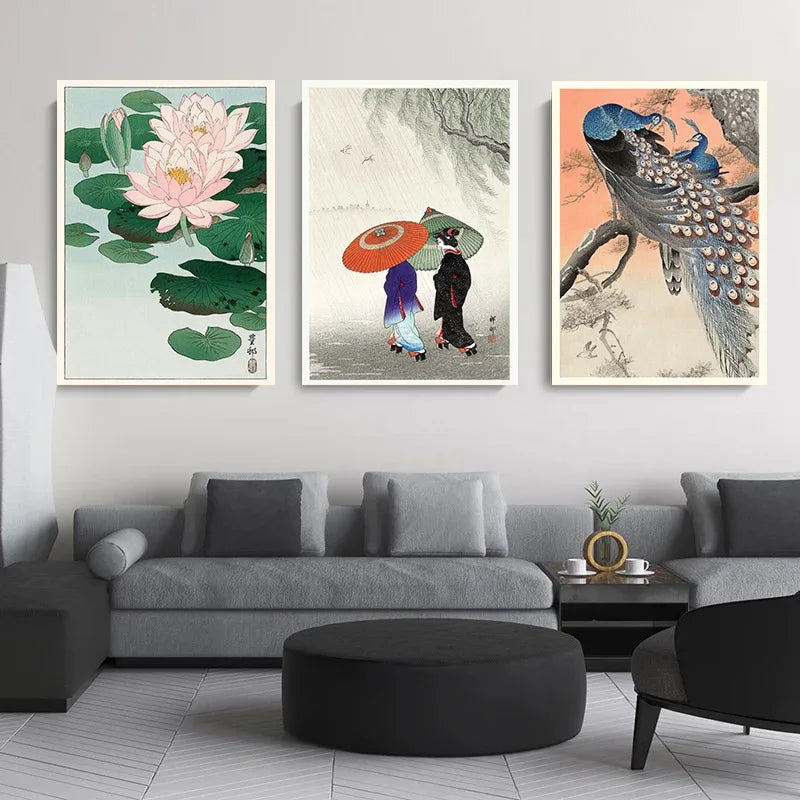 Ohara Koson Japanese Ukiyo Poster Vintage Goldfish Lotus Owl Peacock Geisha Canvas Painting Wall Art for Living Room Home Dec Peaceful Pleasures Health and Wellness