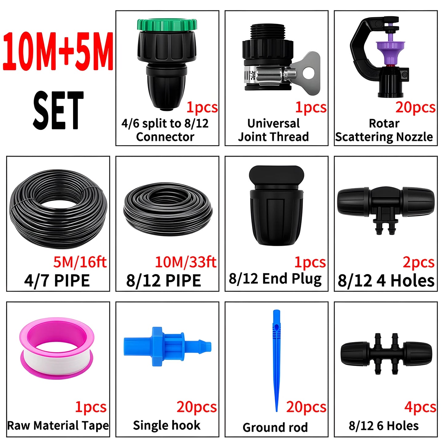 25m-8m Micro Drip Irrigation Kit Thread - Automatic Watering System with 4/6 Split to 8/12 Connector Rotary Scattering Nozzle Peaceful Pleasures Health and Wellness 10M 5M SET