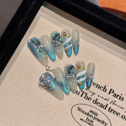 Handmade Press on Nails Blue Ocean White Swan Lake Shiny Fake Nail Tips Wearable Detachable Glitter Cat Eye Fairy False Nails Peaceful Pleasures Health and Wellness L 1