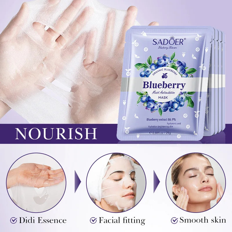 SADOER Blueberry Hyaluronic Acid Face Mask 5pcs – Hydrating Sheet