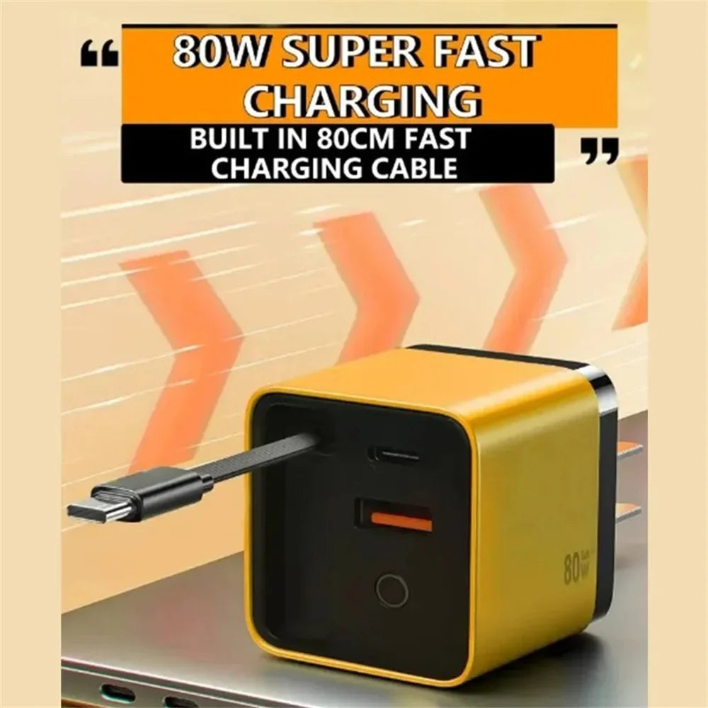 80W Fast Charger | Retractable USB-C Cable, 3-Port Wall Charger