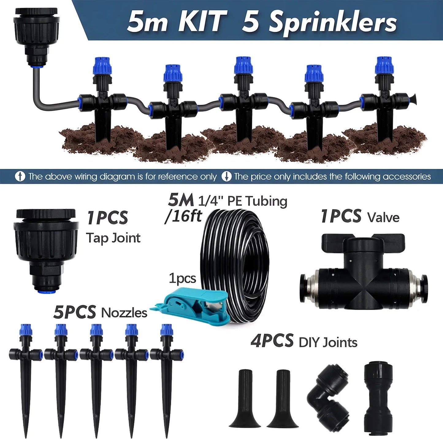 Garden Irrigation Watering Kit 6mm Quick Push Slip Lock 1/4" Outdoor Drip Sprayer 8-hole Dripper with Stake Adjustable Sprinkler Peaceful Pleasures Health and Wellness 5m Kit