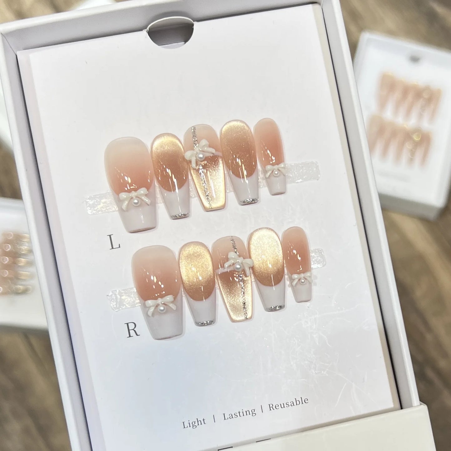 Handmade French Cat Eye Press On Nails – White Bow Short Round