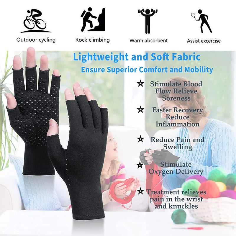 2pcs Black Half Finger Compression Gloves for Osteoarthritis Arthritic Joint Pain Relief Gloves Healthcare Gloves for Men Women Peaceful Pleasures Health and Wellness