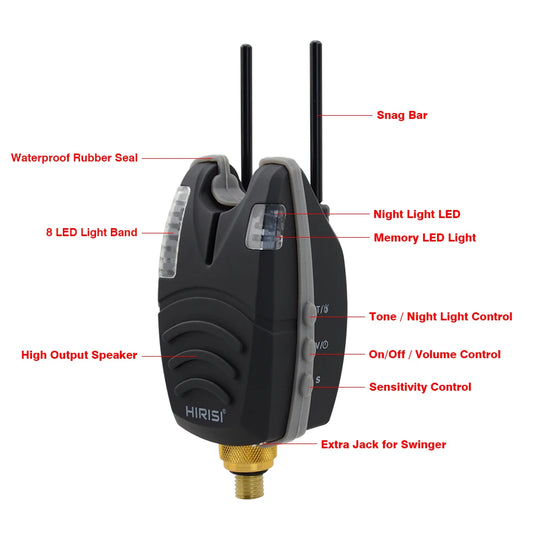 HIRISI Waterproof Carp Fishing Bite Alarm, Built-in Snag Bar & Rolling LED Light Band, Sensitive Fish Bite Indicator Tackle Peaceful Pleasures Health and Wellness