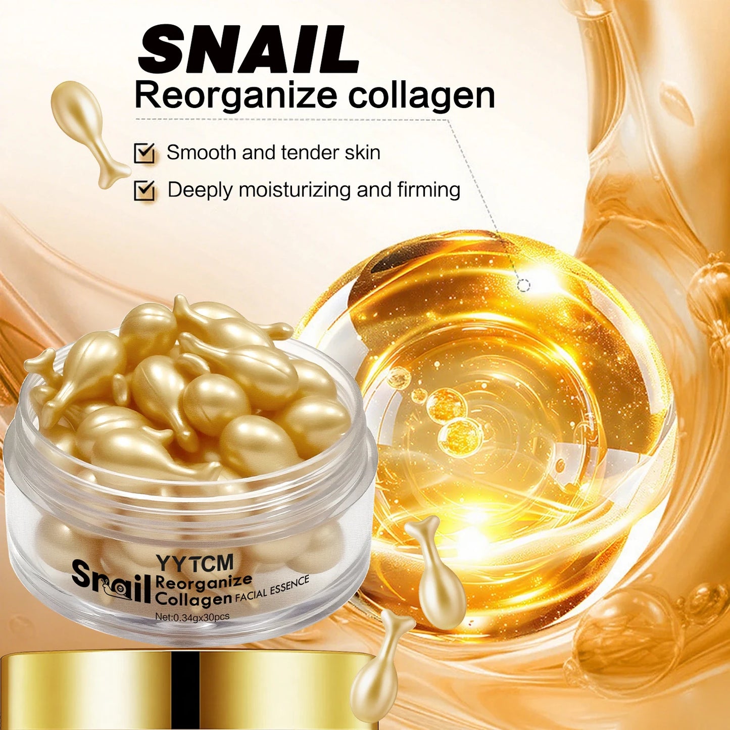 Snail Recombinant Collagen Serum Capsules – Hydrating, moisturizing, and firming essence; smooths skin. Formulated with squalane Peaceful Pleasures Health and Wellness
