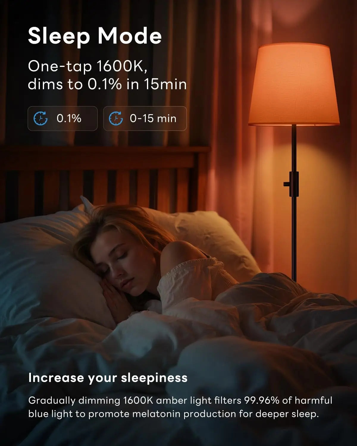 Woman sleeping in bed with a lamp dimming to promote sleep mode.