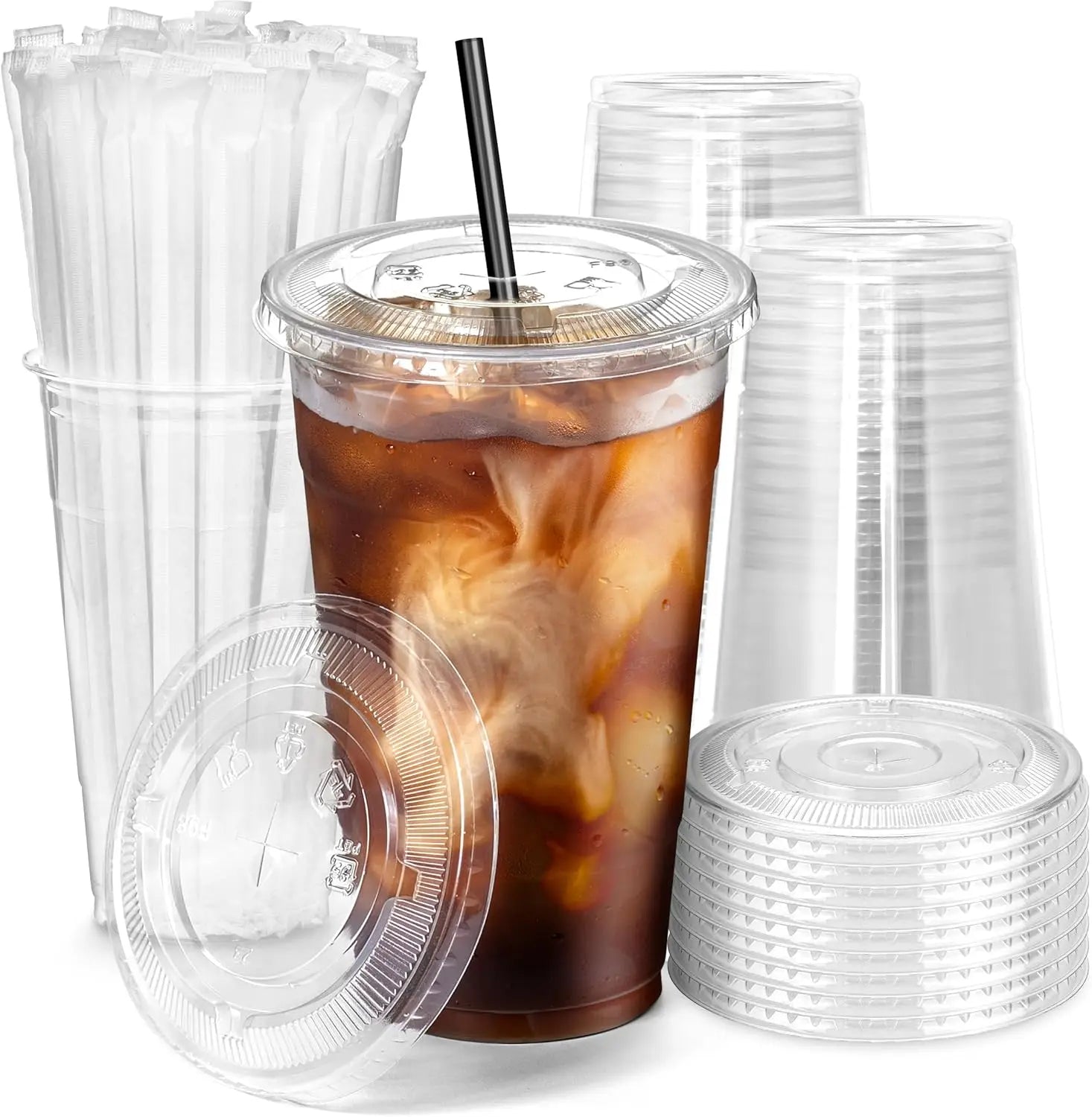 100Set 16/20/24 oz Plastic Iced Coffee Cups with Flat Lids and Straws Disposable Clear Cup BPA Free Cup for Party or Cofee Shop Peaceful Pleasures Health and Wellness
