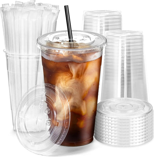 100Set 16/20/24 oz Plastic Iced Coffee Cups with Flat Lids and Straws Disposable Clear Cup BPA Free Cup for Party or Cofee Shop Peaceful Pleasures Health and Wellness