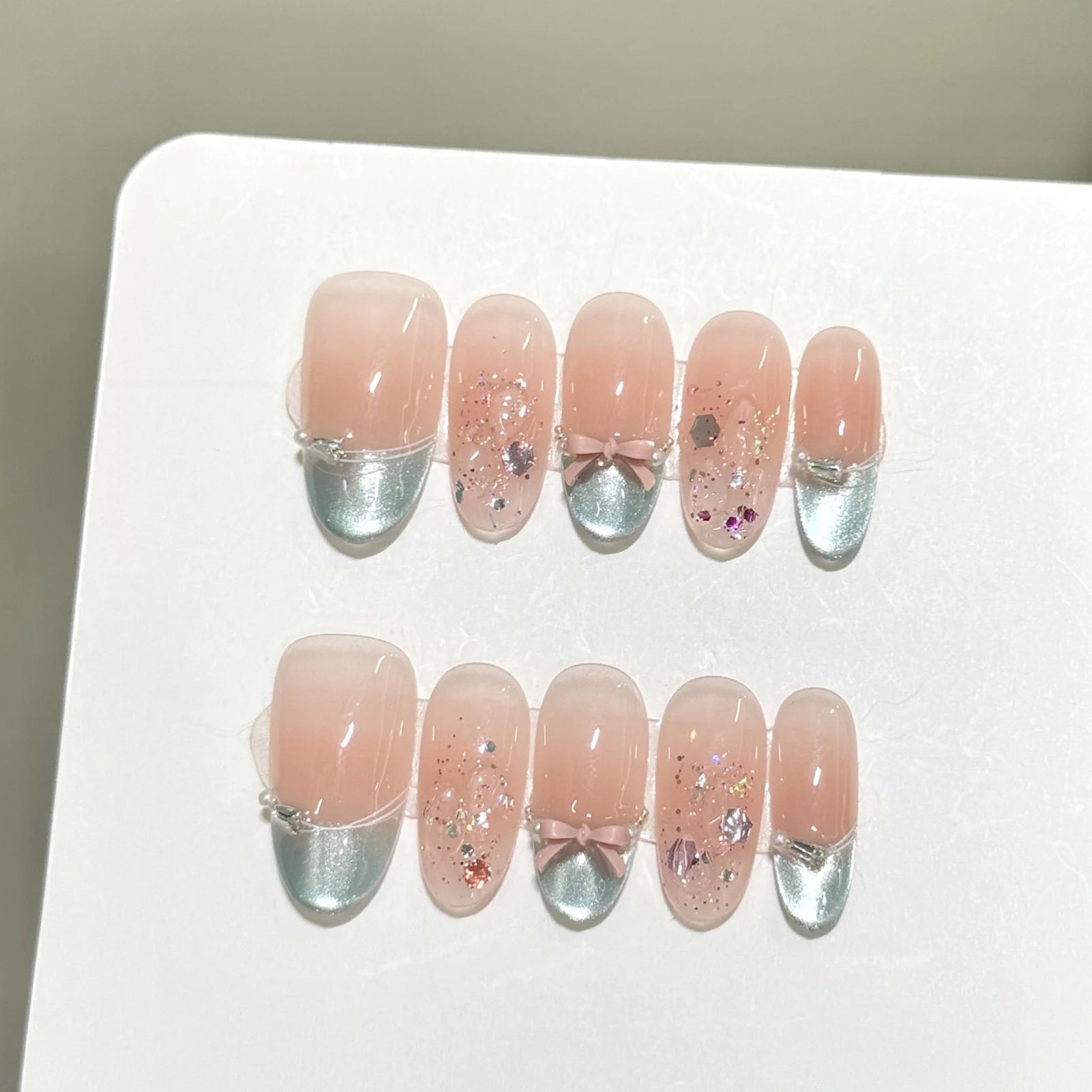 Handmade Press on Nails Embossed Ice Flower Fake Nails Full Cover Almond Tips Wearable Shiny Nude Cat's Eye False Nail Patches Peaceful Pleasures Health and Wellness XS