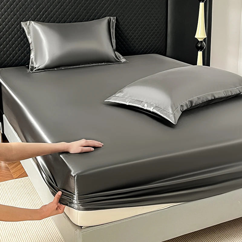 Silky Satin Fitted Bed Sheet Soft Deep Pocket Full Mattress Cover Fits 12 to 16 Inches Single Layer Comfortable Sleep Experience Peaceful Pleasures Health and Wellness Fitted Sheet Gray 200x200cm 1pc