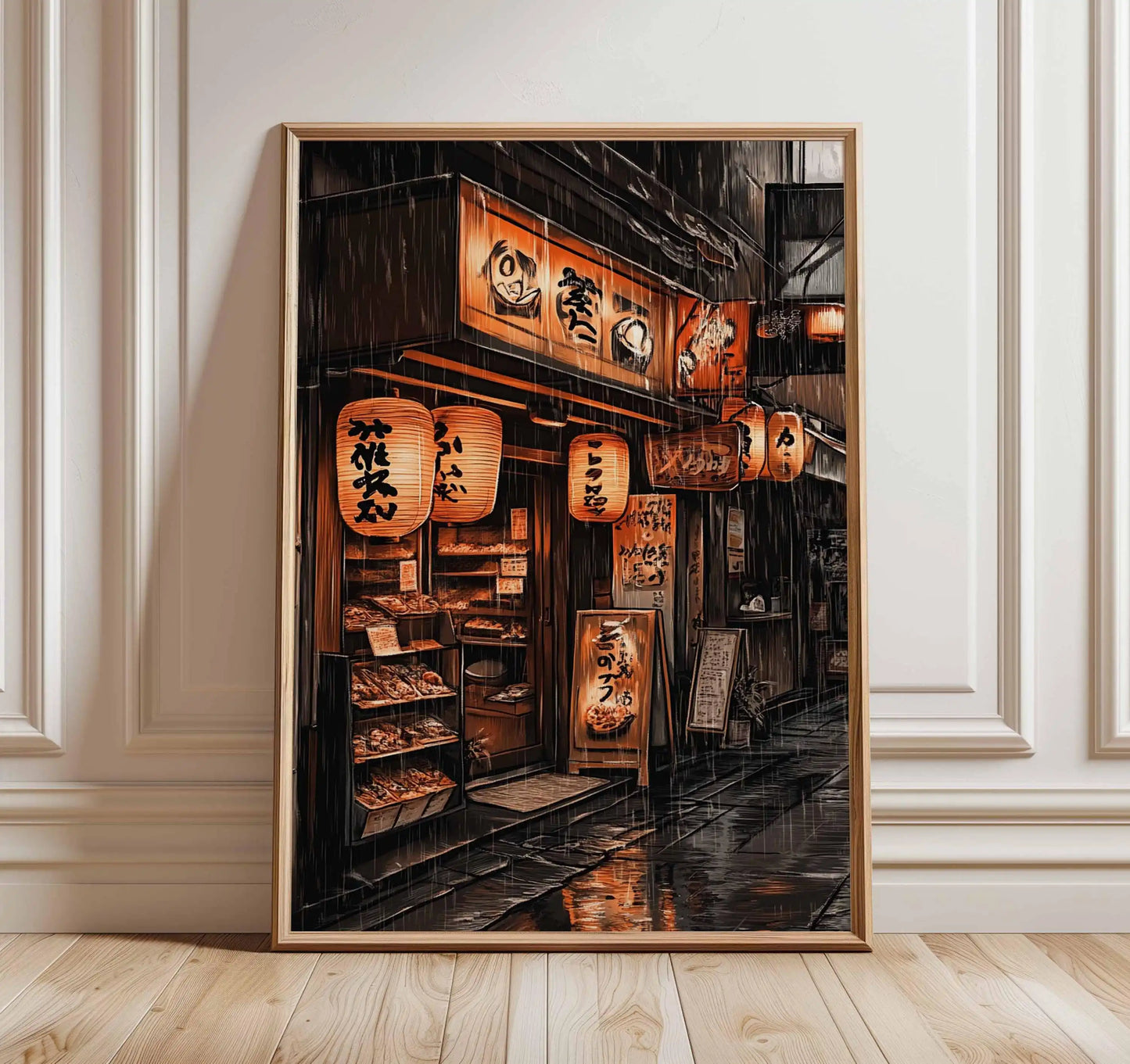 Retro Japanese City Rain Canvas Wall Art Poster | Frameless Canvas Wall Art Peaceful Pleasures Health and Wellness