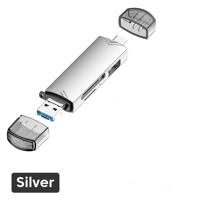 6 in 1 Otg Type C Card Reader USB 3.0 Micro Sd Mini Adapter TF USB Flash Drive Converter Mobile Phone Accessories Peaceful Pleasures Health and Wellness Silver