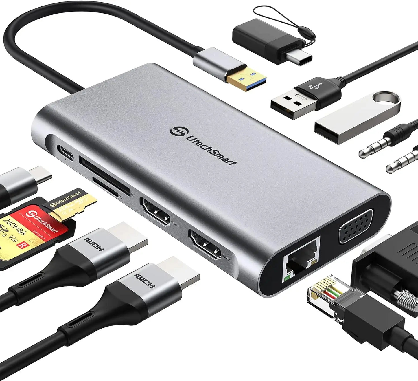 UtechSmart USB-C hub with various cables and connectors on a white background