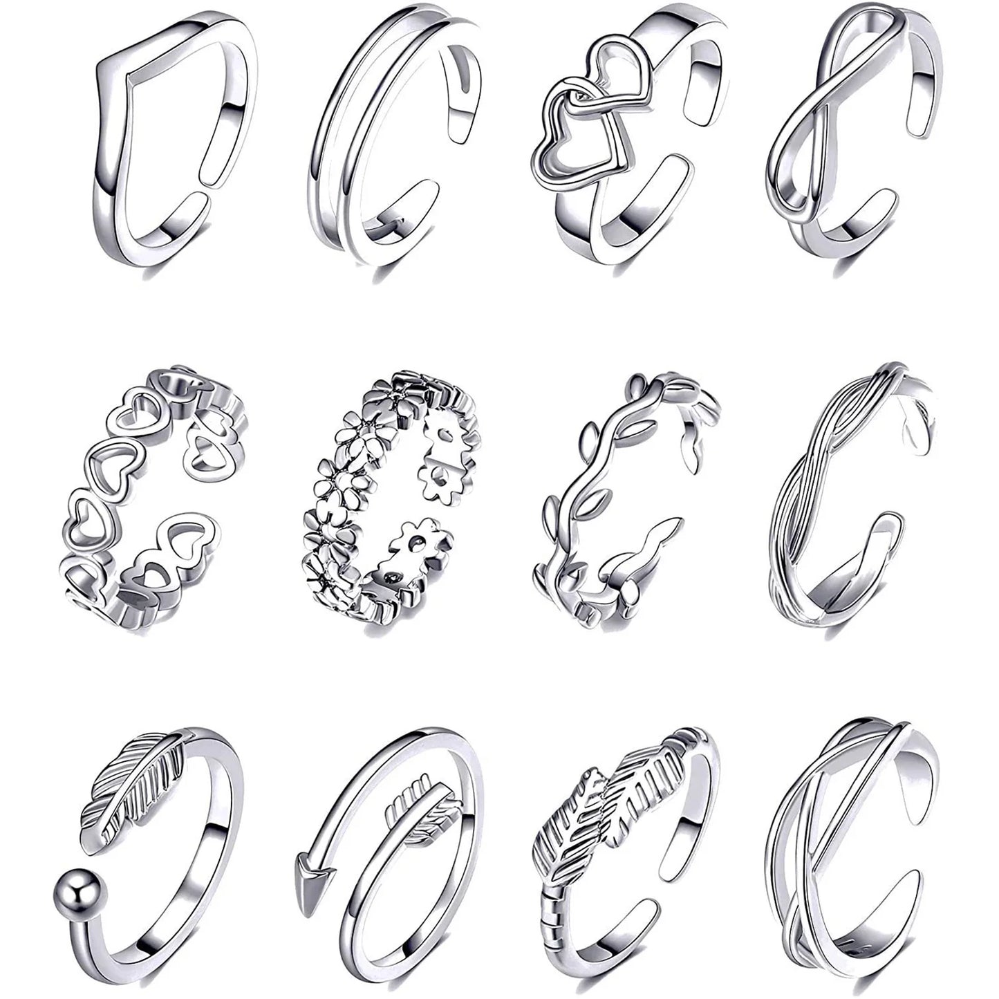 12pcs Silver Adjustable Toe s Fashion Alloy Feather Jewelry Foot for Birthday Stage Party Show Peaceful Pleasures Health and Wellness Silver