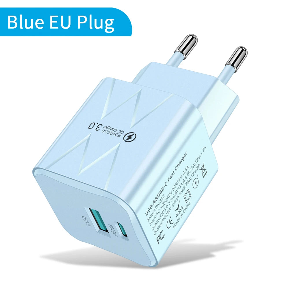 25W PD QC3.0 Dual Port Fast Charger USB-C Travel Adapter