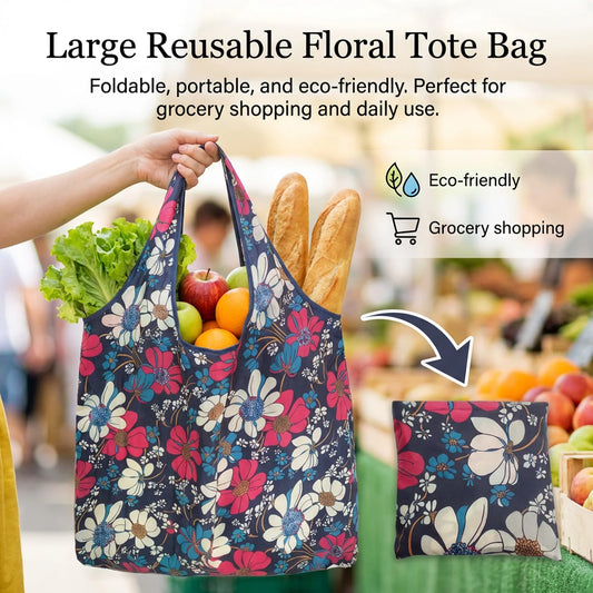 Eco-Friendly Foldable Shopping Bags Large Capacity Reusable Tote with Print Design for Grocery Store Use Portable Carry Handle Peaceful Pleasures Health and Wellness