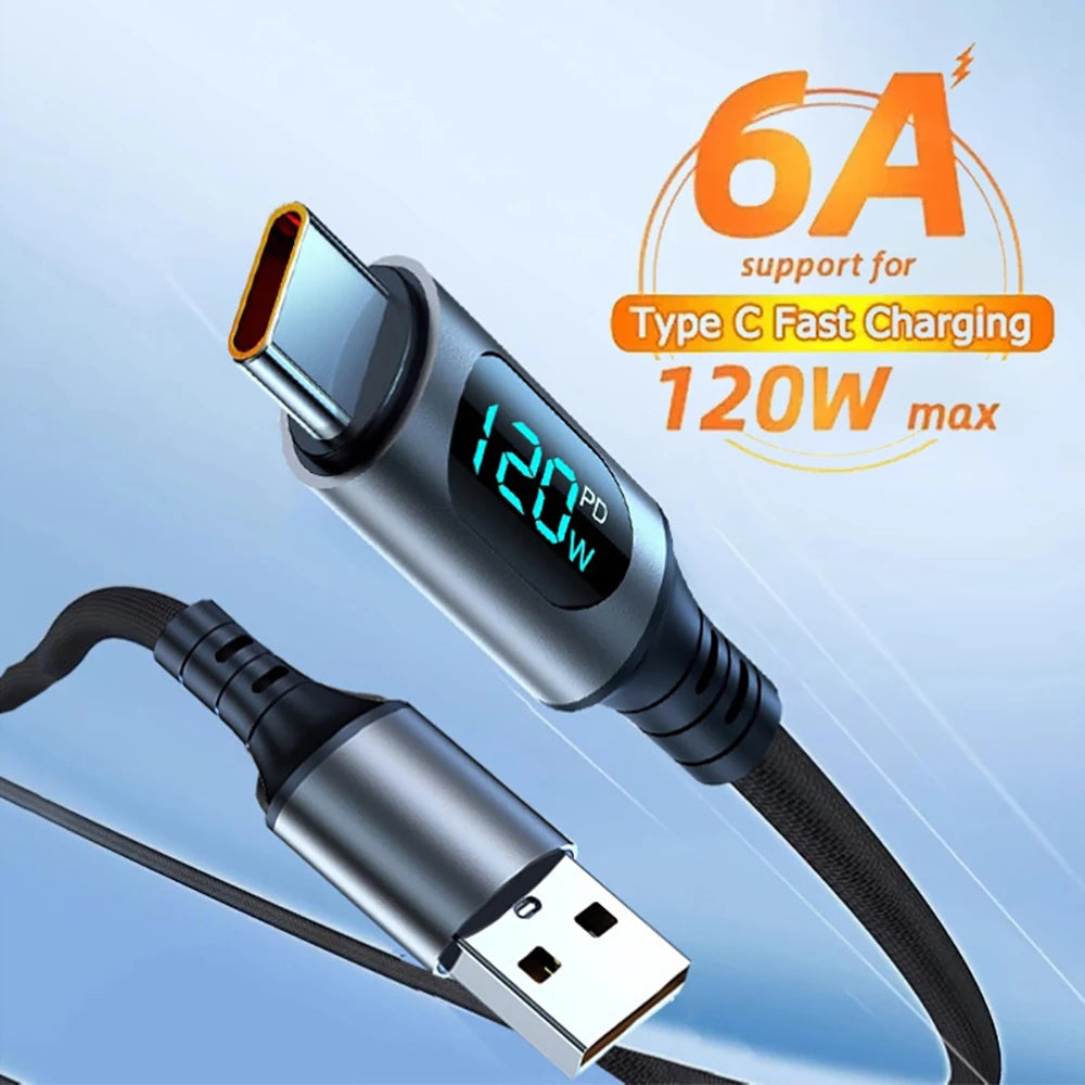 120W USB-A to USB-C Fast Charge Cable | LED Display 6A