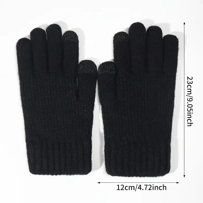 1pair Men Black Winter Double Layer Plus Velvet Thickened Knitted Gloves, Outdoor Touch Screen Warm Full Finger Gloves Peaceful Pleasures Health and Wellness
