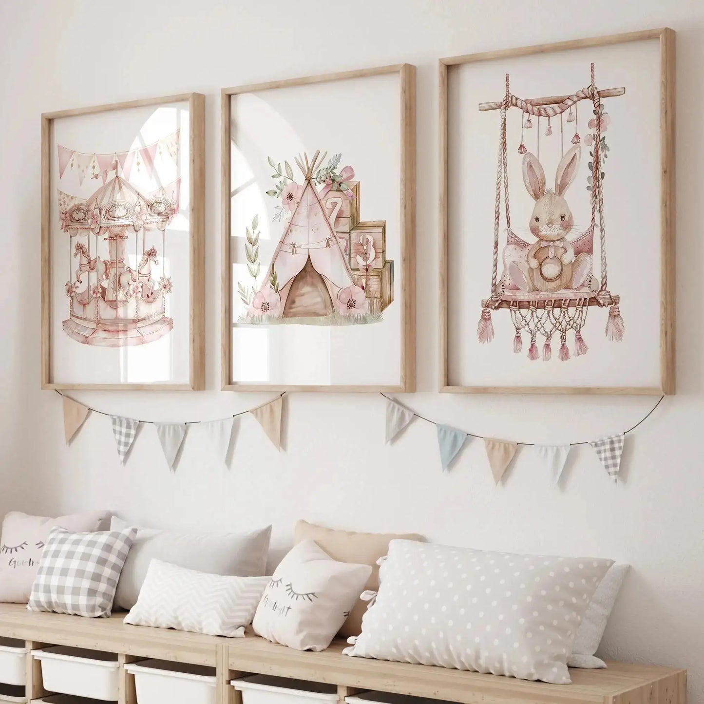Pink Bunny Carousel Canvas Wall Art | Kids Room Decor Print