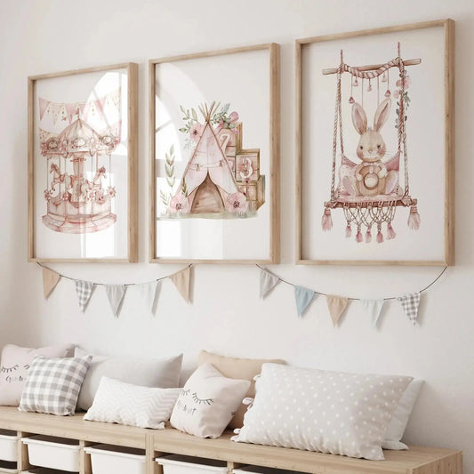 Pink Bunny Carousel Canvas Wall Art | Kids Room Decor Print Canvas Wall Art Print Peaceful Pleasures Health and Wellness