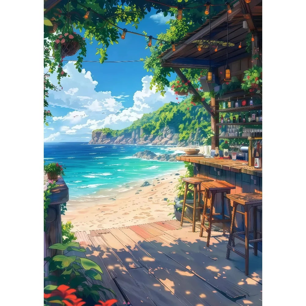 Anime Summer Landscape Canvas Wall Art | Beach Forest Cabin