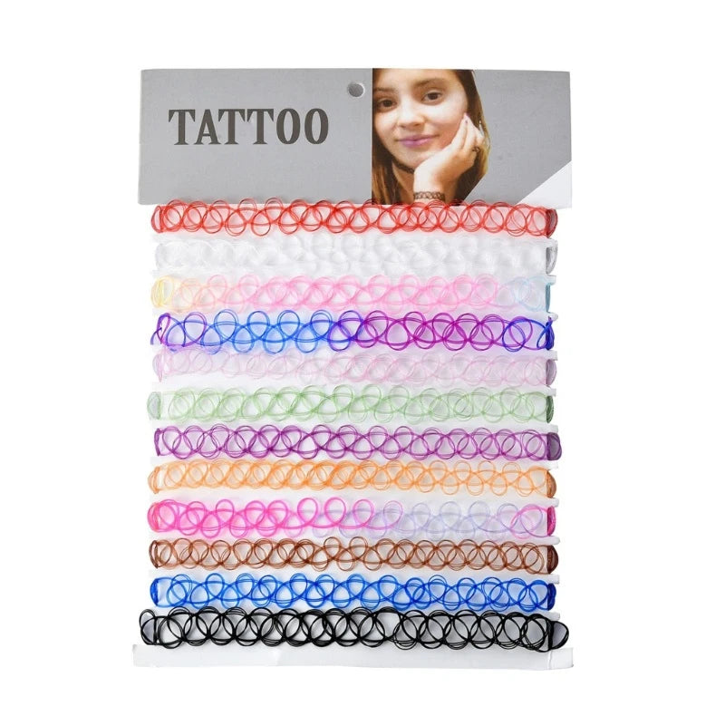 12-Pack Vintage Hippie Stretch Tattoo Choker Necklace Set